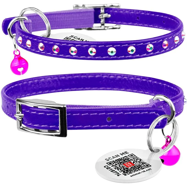 Ошейник для кошек Waudog Glamour кожаный с эластичной вставкой и стразами 22-30х0.9 см фиолетовый - фото 3