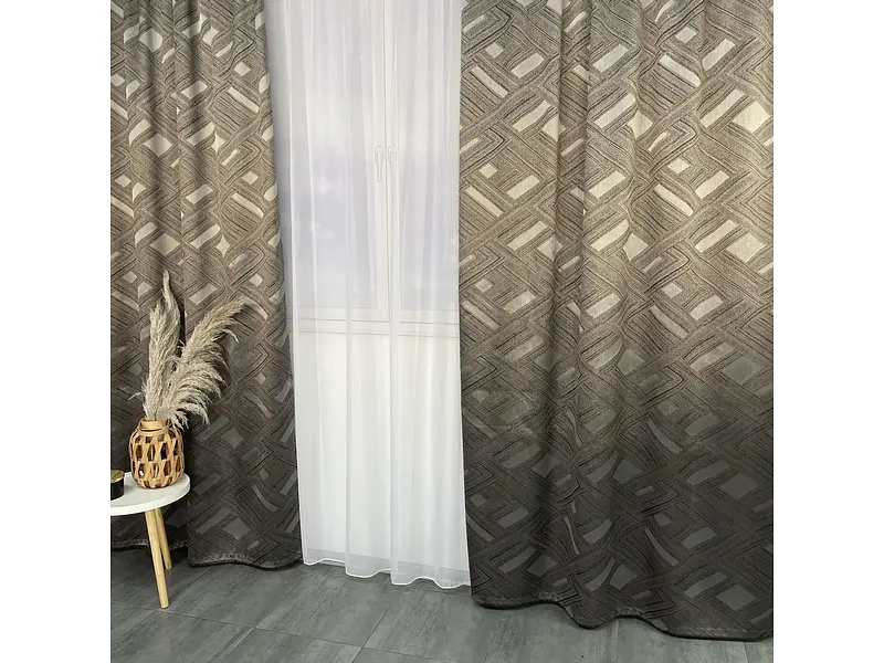 Жакардові штори "геометрія" коричневого кольору 2шт. 150х270 з білим шифоновим тюлем 400х270, на тас ALBO pbe0052783 - фото 6