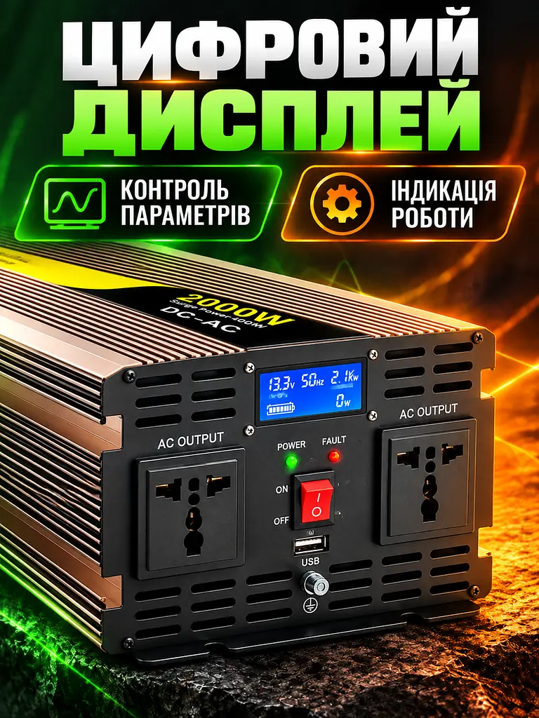 Інвертор 2000 Вт 12В–220В чиста синусоїда, зарядка АКБ 15А, ДБЖ, золотистий (49676447) - фото 7