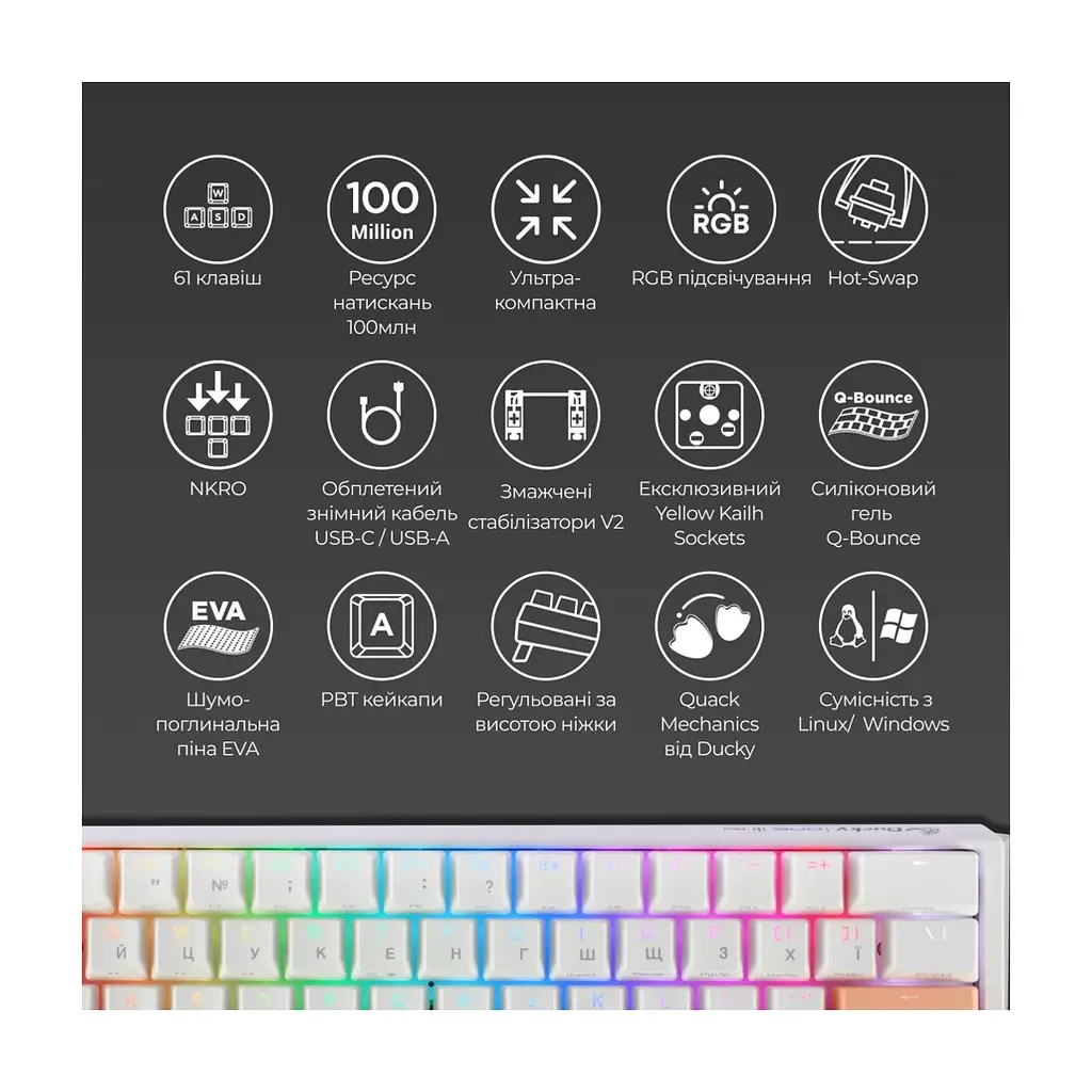 Клавіатура Ducky One 3 Mini Cherry MX Red RGB UA USB White (DKON2161ST-RUAPXPWWWSC1) - фото 5