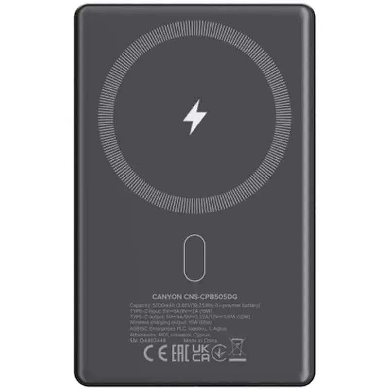 Батарея універсальна Canyon 5000mAh OnPower 505 slim Magsafe PD/20W Dark Grey (CNS-CPB505DG) - фото 3