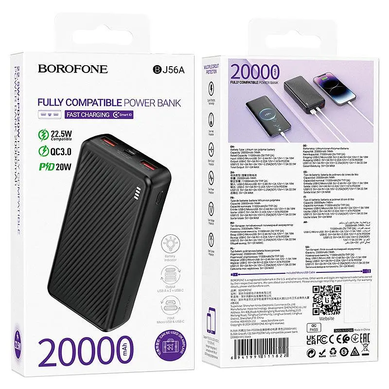 Зовнішній акумулятор BOROFONE J56A power bank 20000 mAh портативна універсальна батарея чорна - фото 4