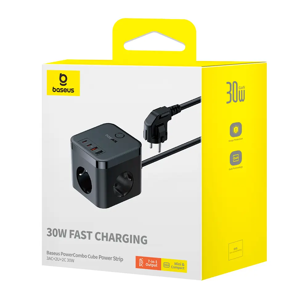 Мережевий зарядний пристрій Baseus PowerCombo Cube Power Strip 3AC+2U+2C 30W 1.5m EU Cluster Black (E00066400117-00) - фото 2