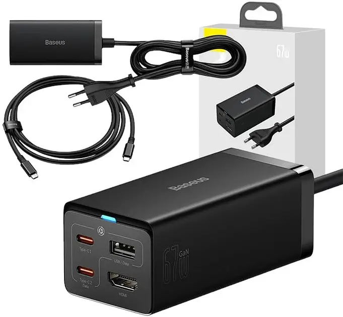 МЗП Baseus GaN5 Pro Desktop Fast Charger 1USB+2Type-C+HDXiaomi 67W with 1.5m Power Cord CCGP110201 Black - фото 5