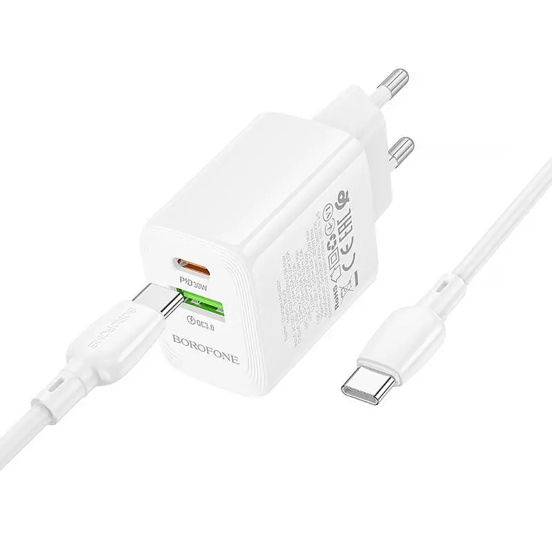 МЗП Borofone BN29 Fuente PD30W+QC3.0 (1USB-A/1C) + кабель Type-C to Type-C White - фото 4
