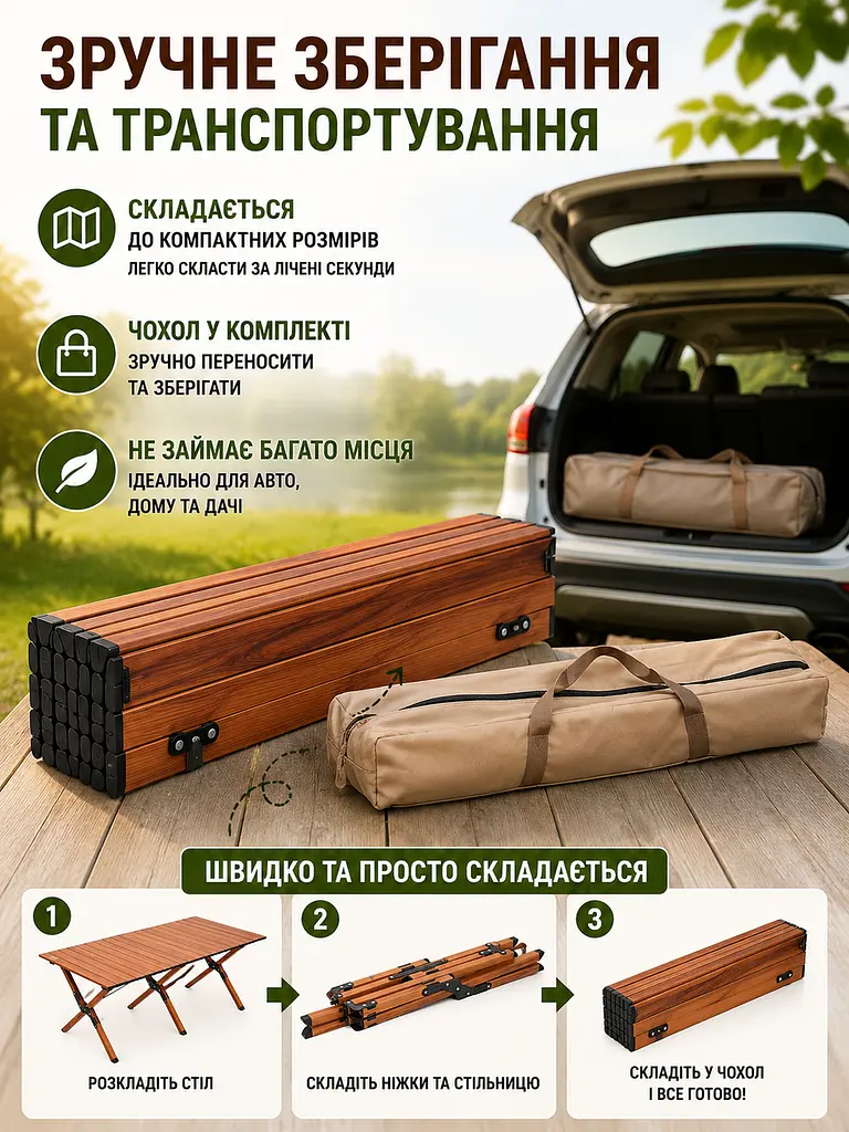 Стіл складаний туристичний 149,5×70×43 см коричневий для пікніка з чохлом (49675946) - фото 5