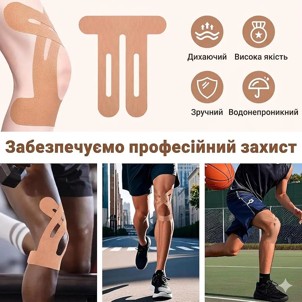 Кінезіо тейпи спортивні кінезіологічні стрічки  - пластирі бандаж для коліна і суглоба  бандажні  захисні наклейки стрічки для фіксації та підтримки суглобів  під час спорту 22 х 25 см 10 шт - фото 5