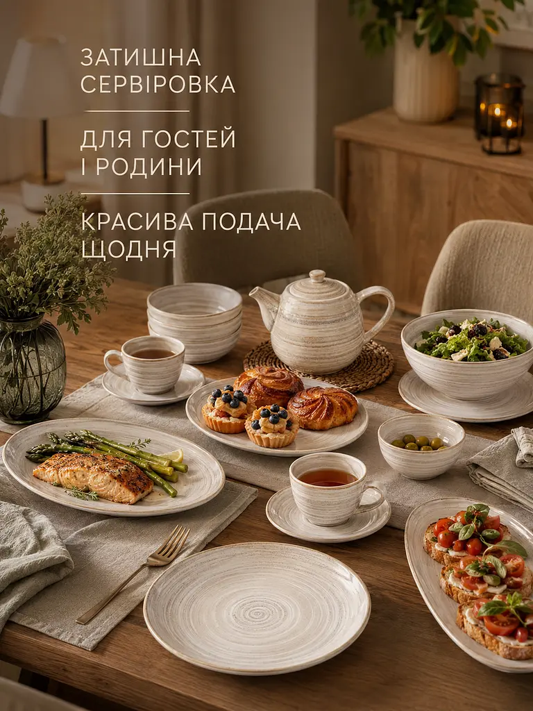 Столовий сервіз керамічний на 6 персон 34 предмети, тарілки 28,5/21,5 см, чашки 200 мл (49676220) - фото 4