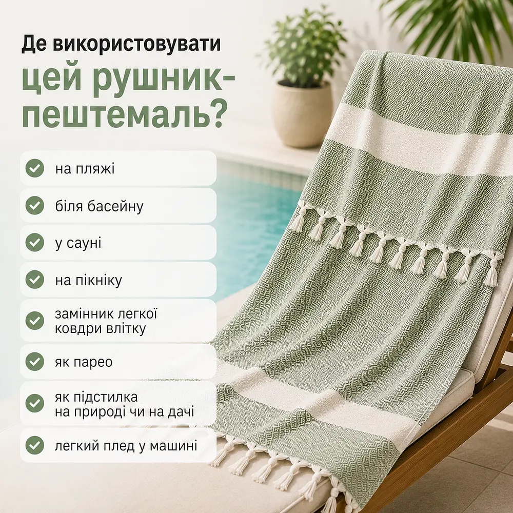 Рушник пештемаль Turkey Towel 100х180 см легкий великий для пляжу басейну бані сауни підстилка на дачу пікнік природу відпустку море ромб фісташковий - фото 3