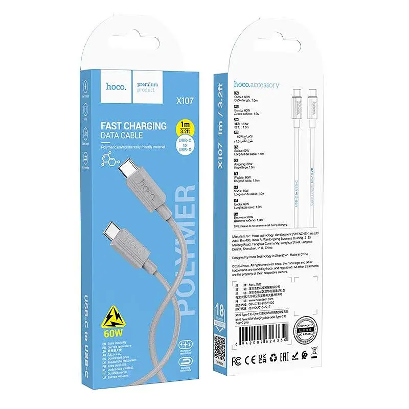 Кабель Hoco Type-C to Type-C Favor charging data cable X107 1 м 60W - фото 3