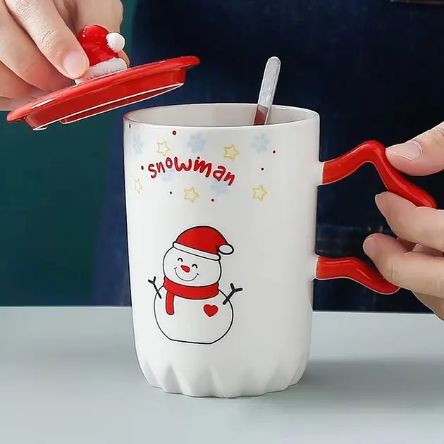Чашка новогодняя Snowman с крышкой и ложкой Снеговик 360 мл Белая - фото 5