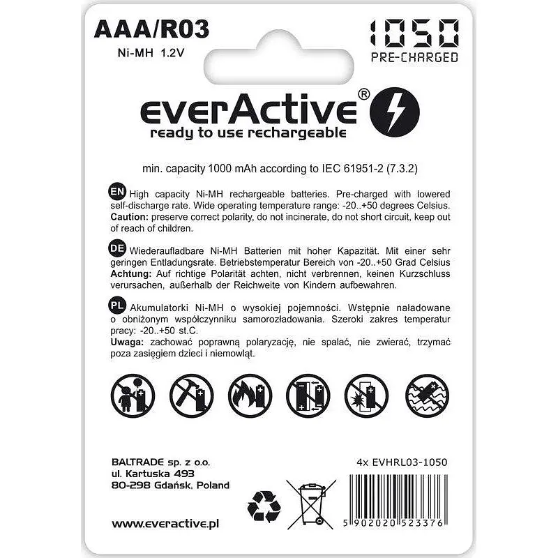Акумуляторні батарейки EverActive AAA/HR03 Ni-MH 1050mAh BL 4 шт. - фото 2