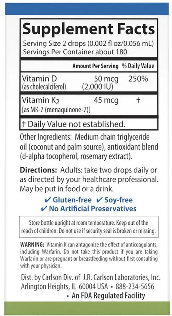 Витамины и минералы Carlson Labs Super Daily D3+K2 2000 IU/45 mcg, 10.16 мл - фото 3