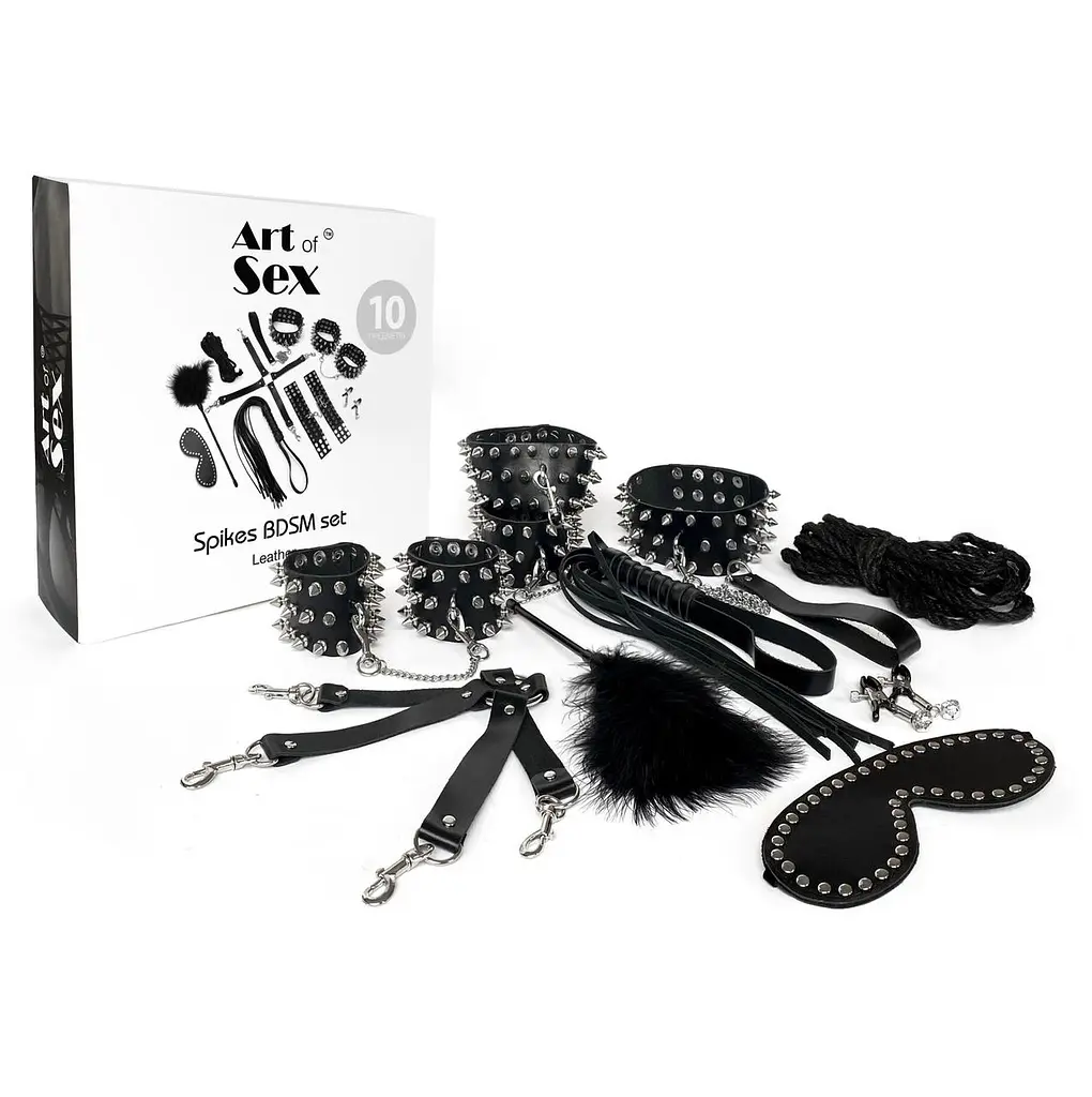 Набор Art of Sex - Spikes BDSM Set Leather, 10 предметов, натуральная кожа, Черный - фото 4
