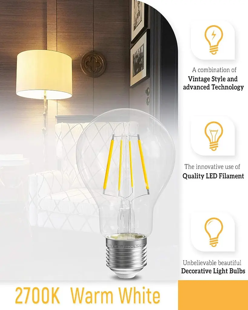 Винтовая лампа QNINE Warm White E27, 5 Вт (эквивалент 50 Вт), 500 лм, светодиодная лампа, 2700K, не с подсветкой, 3 шт. - фото 3