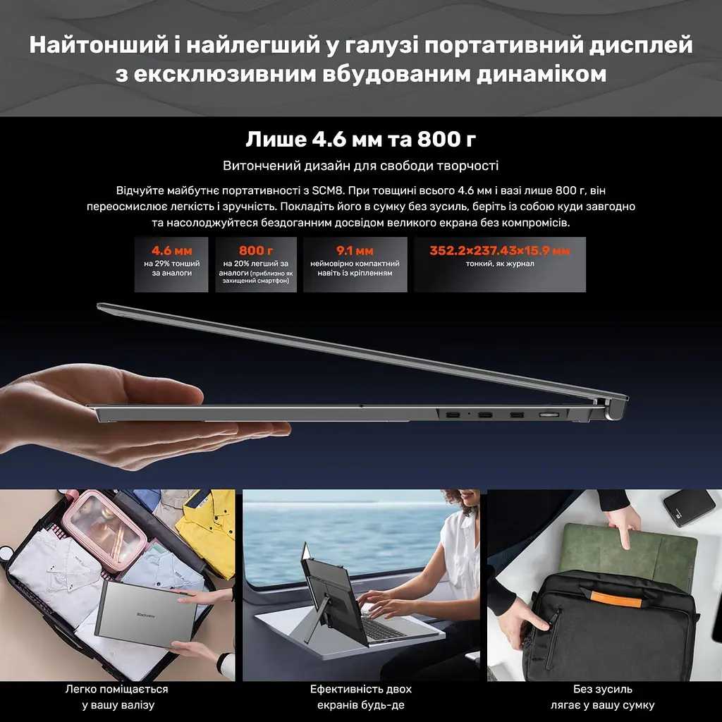 Монітор Blackview 15.3" SCM8 Single Screen Portable monitor 2 in 1 Grey Black FHD IPS 60Hz (BVSCM8) - фото 6