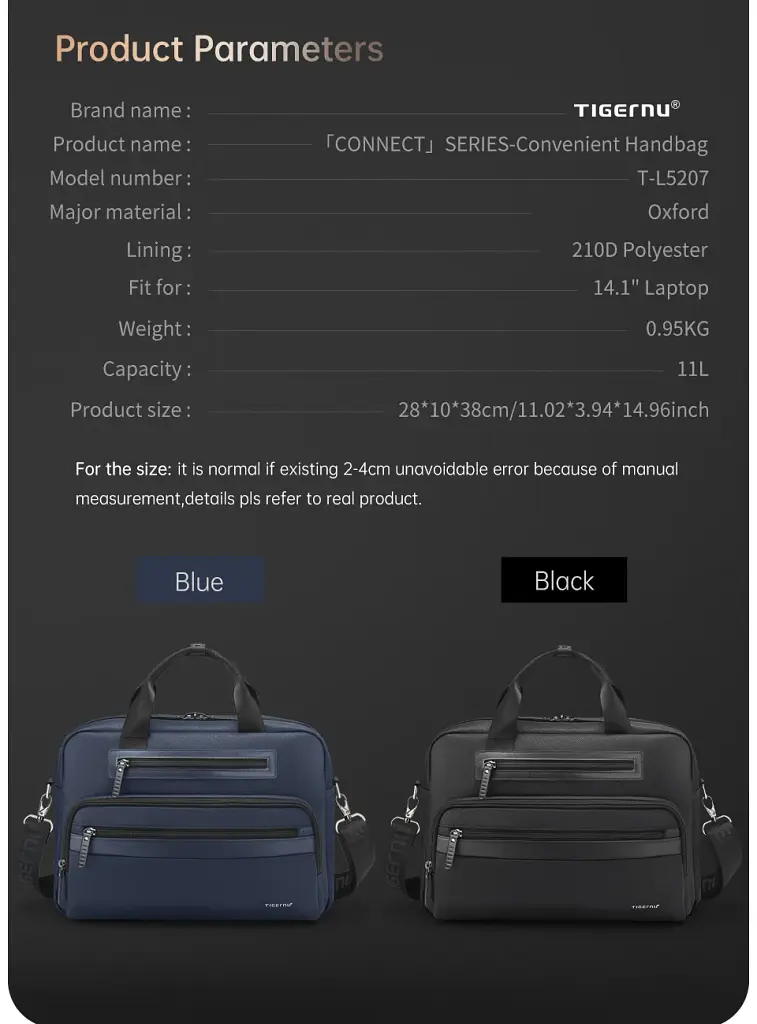 Сумка для ноутбука до 14.1'' Tigernu T-L5207 діловий портфель через плече 12л Black (19392) - фото 6