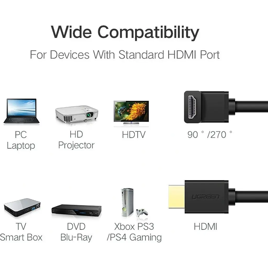Кабель Ugreen HD103 HDMI to HDMI 90-Degree Right-Angle V2.0 1m Black (10172) [63384] - фото 11