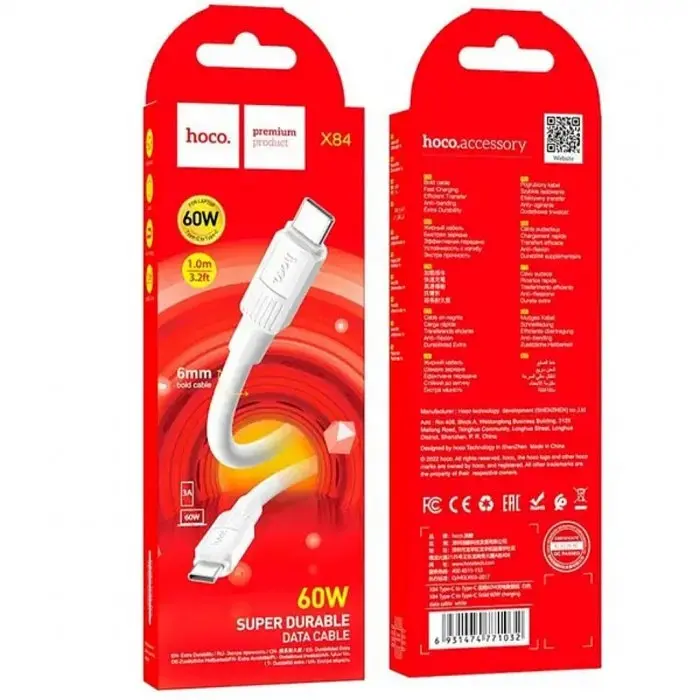 Кабель для зарядки HOCO X84 Solid Type-C to Type-C 1м charging, ток до 3A 60W Белый (52866) - фото 2
