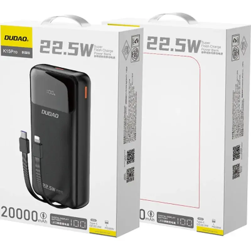 Батарея універсальна Dudao K15Pro 20000mAh PD/22.5W, QC, with built-in cables, Black (6977196682430) - фото 3