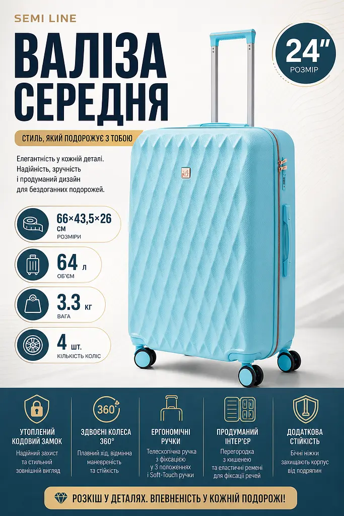 Валіза середня Semi Line T5723-3 24 дюйми 64 л Блакитний - фото 3