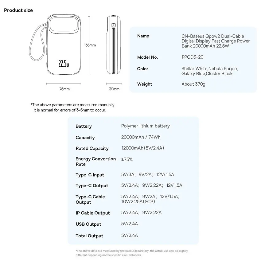 Портативний акумулятор Baseus Qpow2 Dual-Cable 20000 mAh 22.5W PPQD3-20 із 2 вбудованими кабелями C + L та дисплеєм чорний - фото 4
