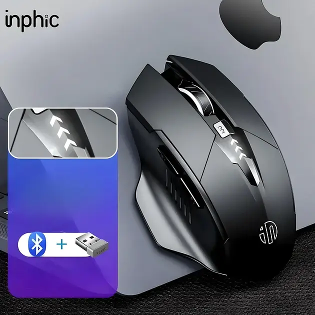Миша бездротова INPHIC A1 з підключенням USB 2.4Gz + Bluetooth, з акумулятором та 2400 DPI, mate black - фото 2