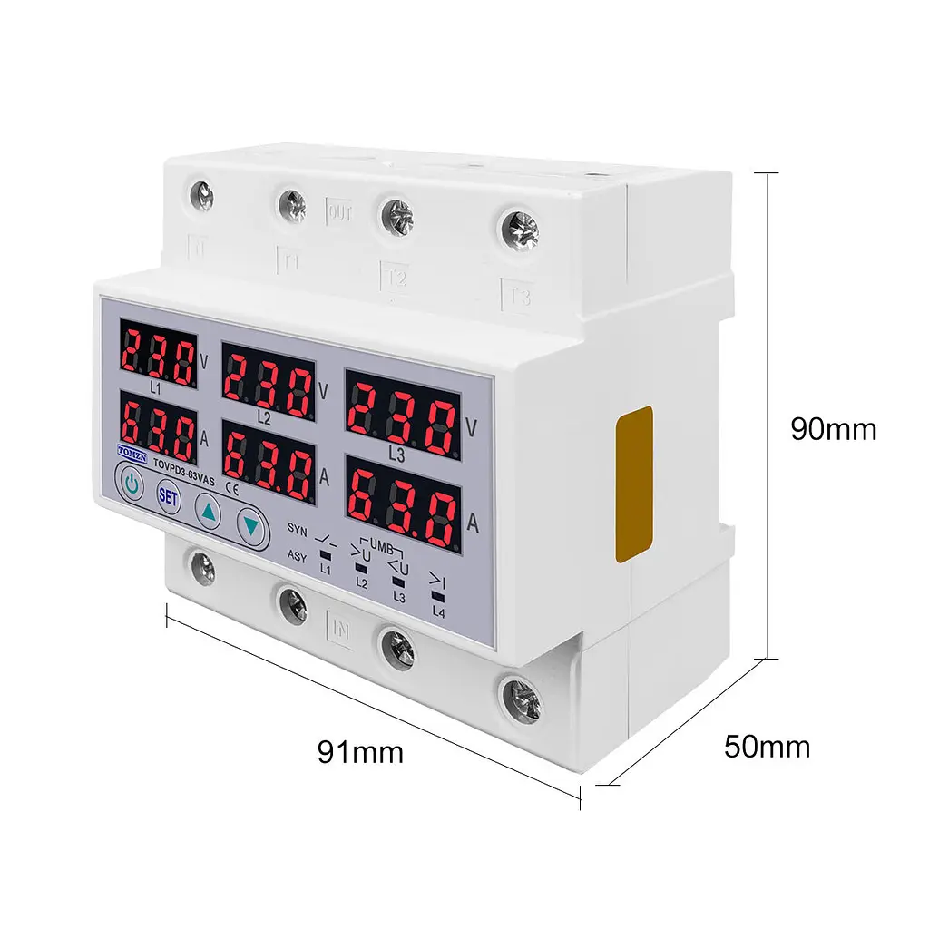 Цифрове реле контролю напруги та струму трифазне TOMZN TOVPD3-63VAS 63A 3x220V Розумний захисний автомат змінного струму (19600) - фото 9