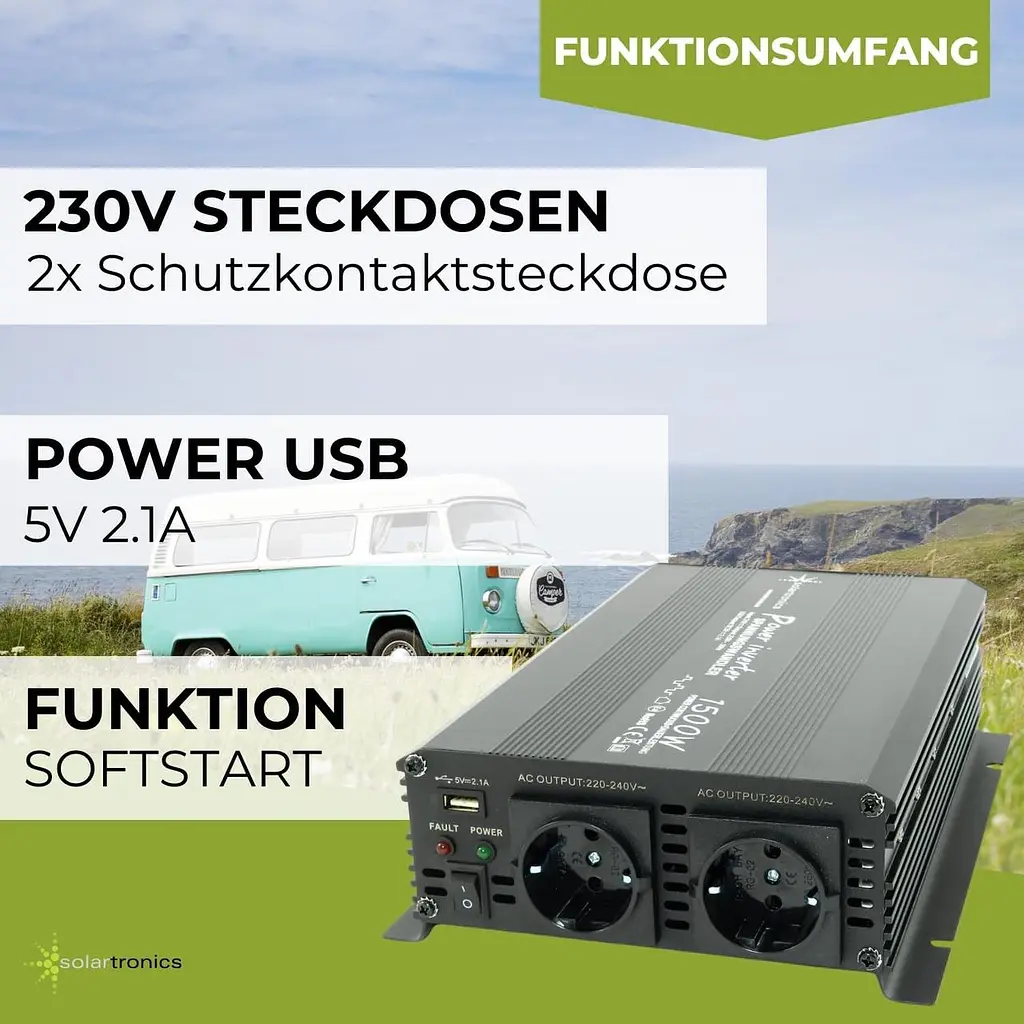 Інвертор Solartronics 24V–230V 1500 Вт з 2 розетками та USB, модифікована синусоїда - фото 3