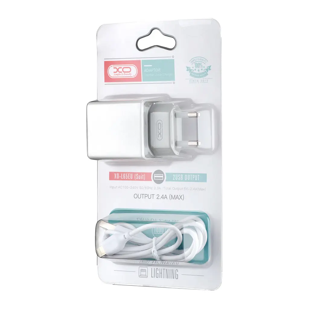 Мережевий зарядний пристрій XO L65EU 2.4A two USB charger for lightning ( NB103 ) Білий - фото 2
