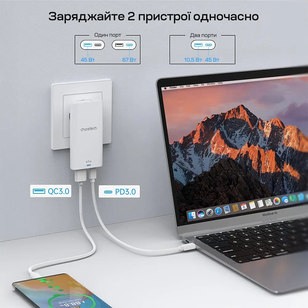 Мережевий зарядний пристрій Choetech PD6011 Ultra thin PD67W GAN A+C White (43-00155) - фото 5