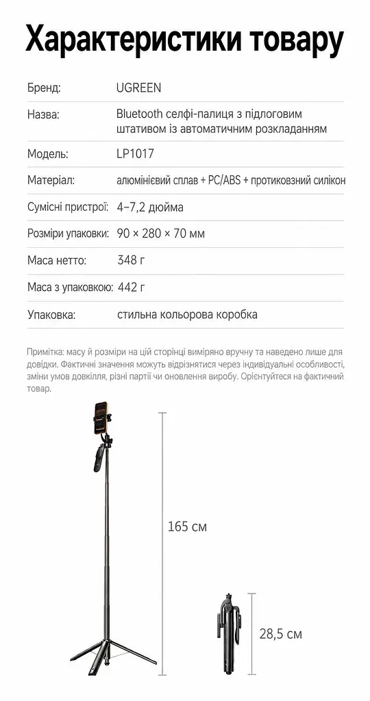 ТЕСТ Телескопічна селфі-палиця зі штативом UGREEN LP1017 до 1,65 м зі знімним акумуляторним Bluetooth-пультом з керуванням фото й відеозаписом та масштабом і гортанням та відтворенням і гучністю з автоматичним розкриттям ніжок при встановленні на землю для смартфонів 4–7,2″ з кріпленням 1/4″ для камер з холодним башмаком для мікрофона або освітлення для горизонтальної та вертикальної зйомки й зйомки вниз з дистанційним керуванням до 10 м з металевими розпірками 28,5 см у складеному стані чорна (95732) - фото 2