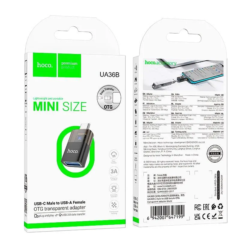 Переходник Hoco C male to USB female OTG transparent adapter UA36B 480Mbps 3A - фото 2