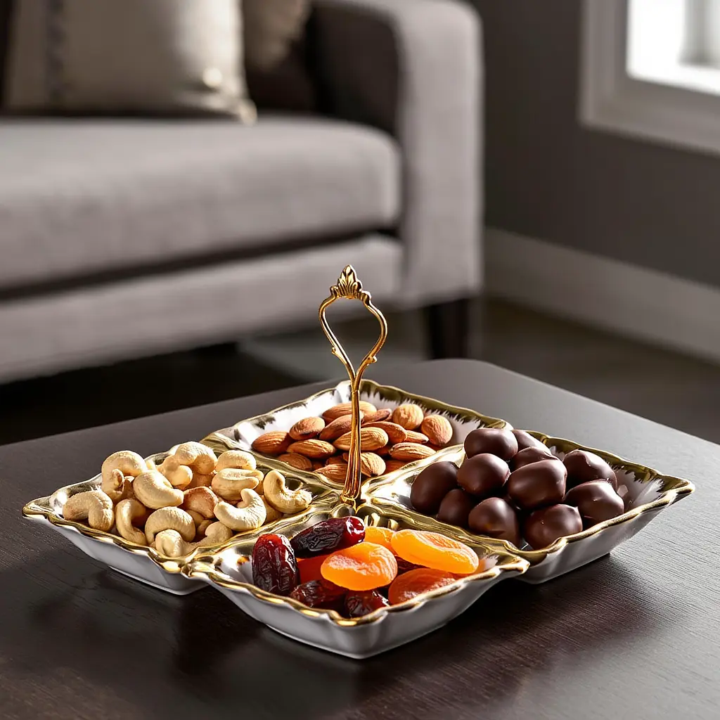 Менажница фарфоровая на 4 секции для закусок 18×18×3 (см) Белый с золотом Yiwu LC-BYL-100 - фото 5