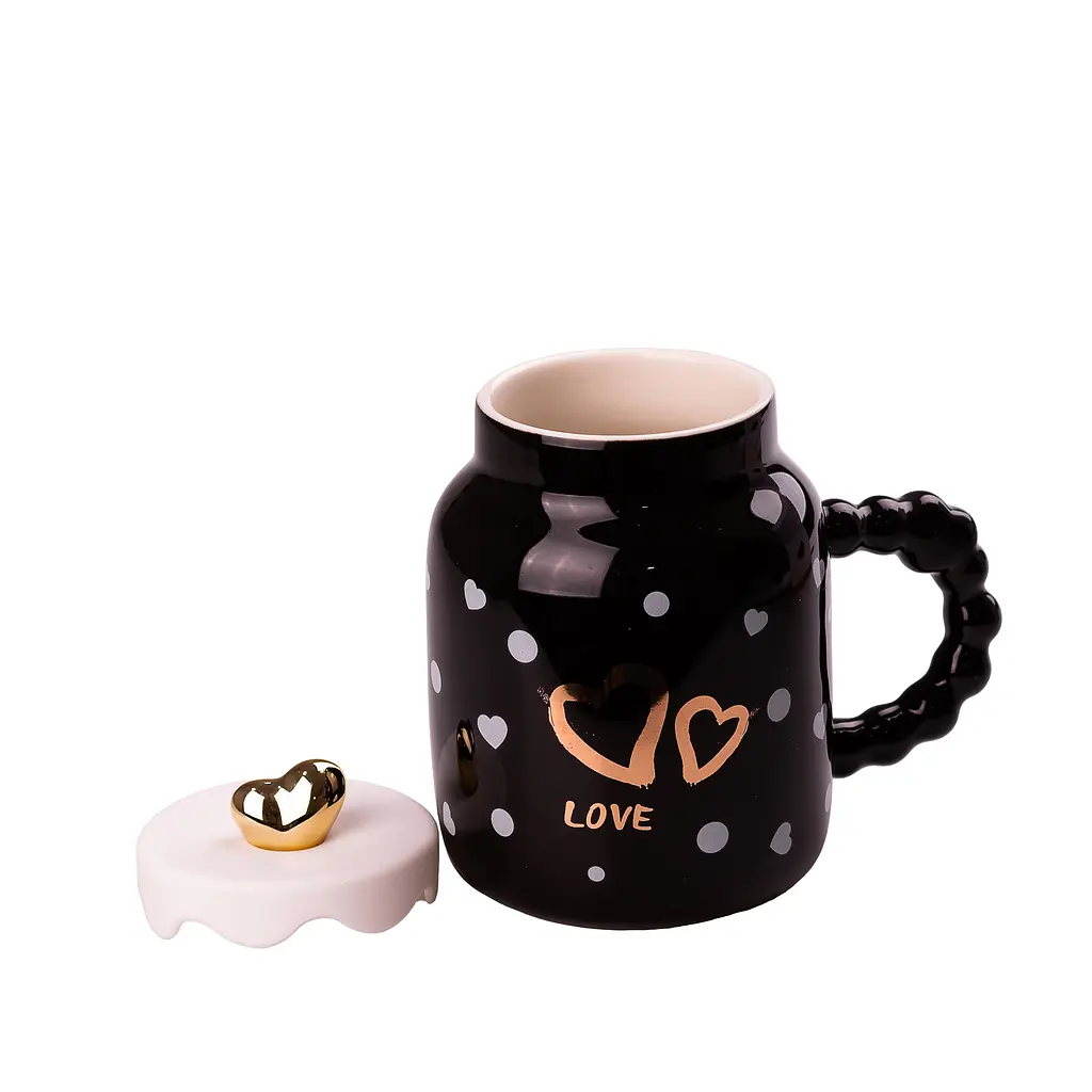 Чашка керамічна Happy Life Love з кришкою чорна в білий горошок 400 мл HPCY8371B - фото 2