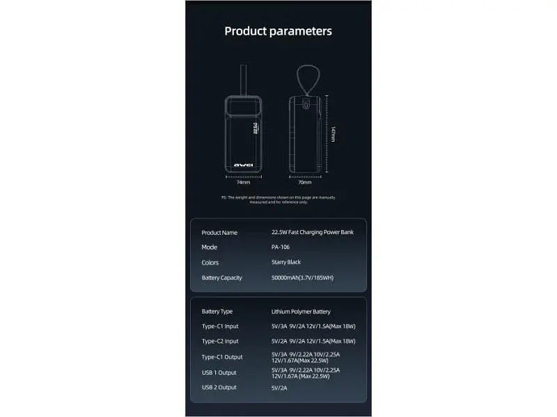 Зовнішній акумулятор (Power Bank) Awei PA-106 50000mAh Black - фото 3