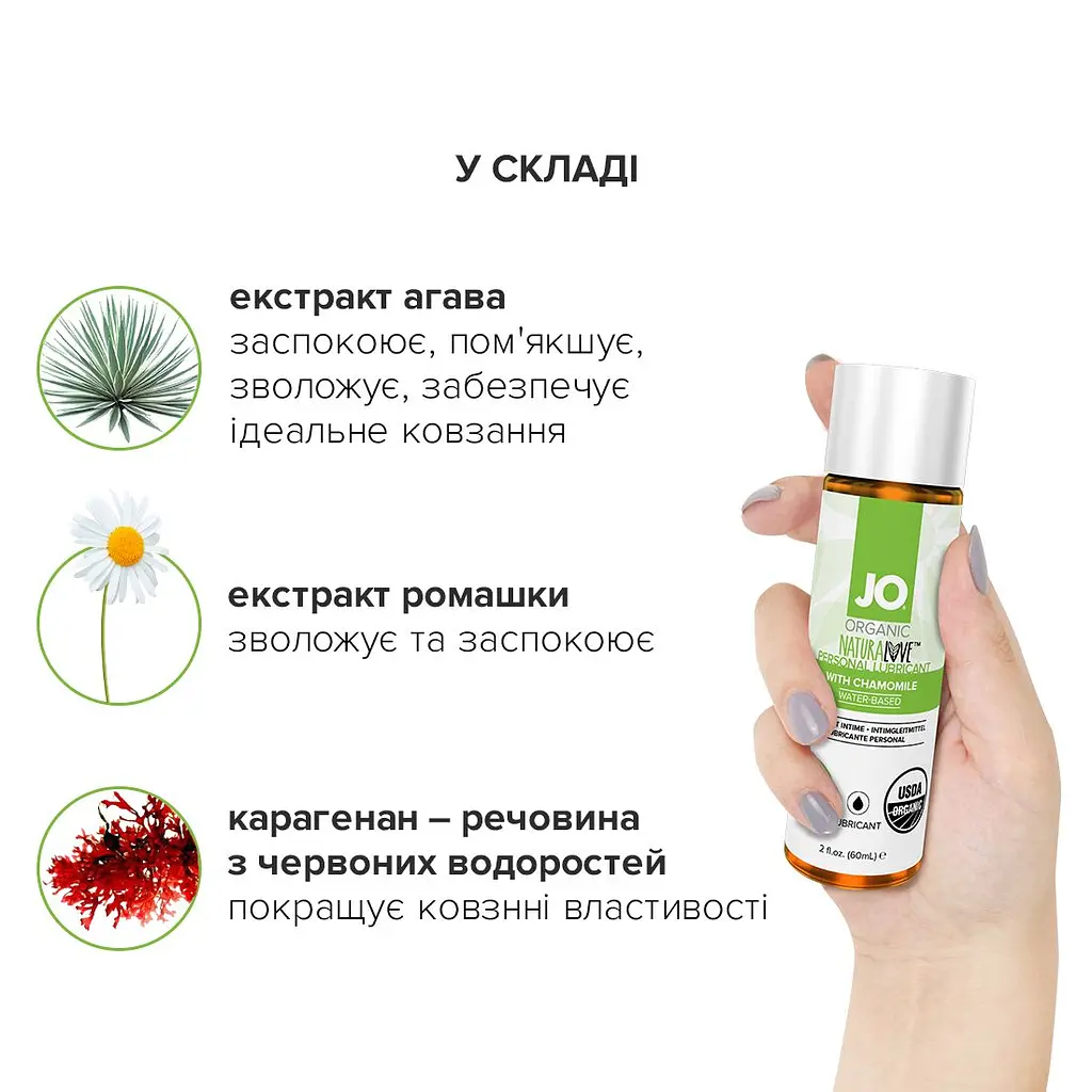 Змазка на водній основі JO NATURALOVE — ORGANIC (60 мл) з екстрактом листя агави та ромашки - фото 5