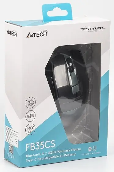Мышь A4Tech Fstyler FB35CS, Midnight Green, USB, беспроводная бесшумная, оптическая, BT+RF (Combo), 1200/1600/2000/2400 dpi, 125 Hz, 6 кнопок, встроенный Li аккумулятор - фото 5