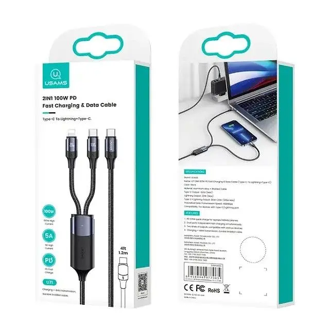Кабель Usams US-SJ550 U71 USB Type-C - Lightning + USB Type-C (M/M), 100W, 1.2 м, Black (6958444977065) - фото 2