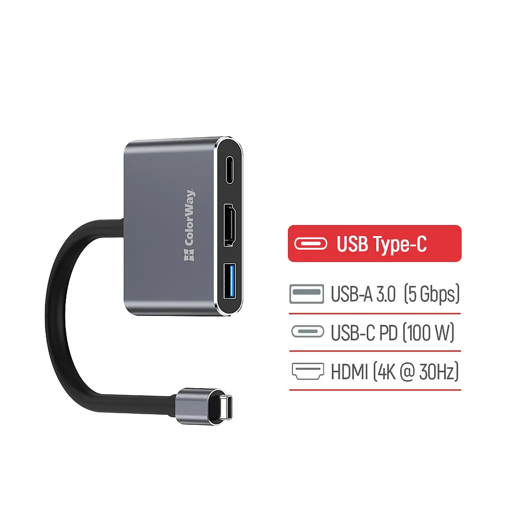 Концентратор ColorWay USB-C 3-in-1 USB 3.0 + HDMI 4K + USB-C PD100W (CW-HUB08) - фото 6