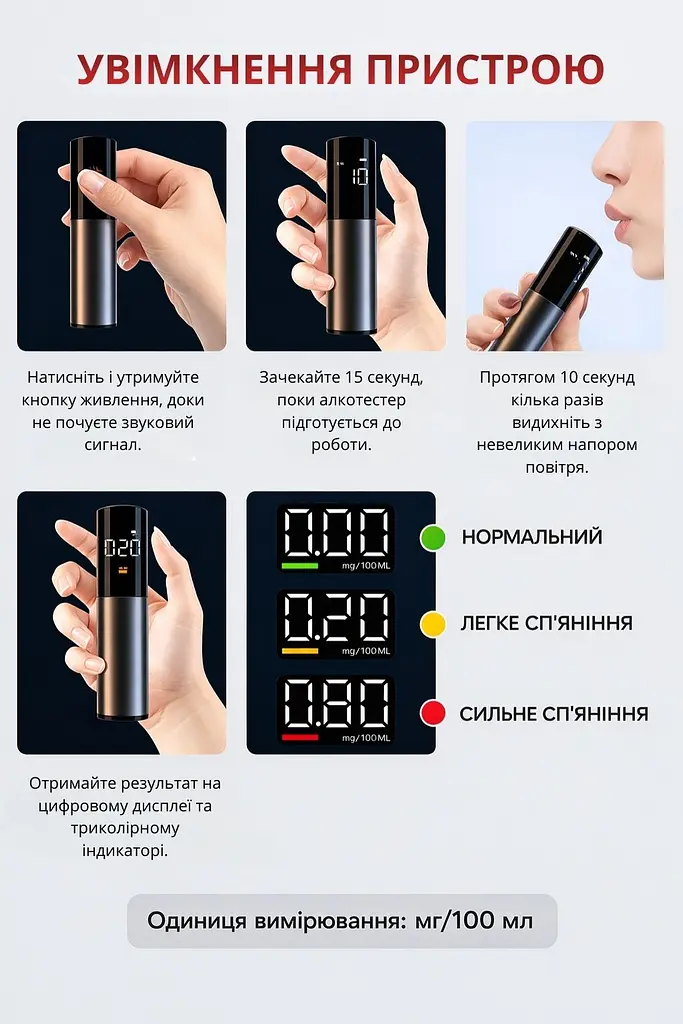 Безконтактний акумуляторний алкотестер з LED-дисплеєм - фото 10