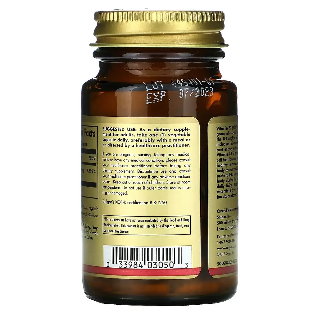 Рибофлавин (В-2) Vitamin B2 100 mg 100 капсул Solgar vit0005010 - фото 3