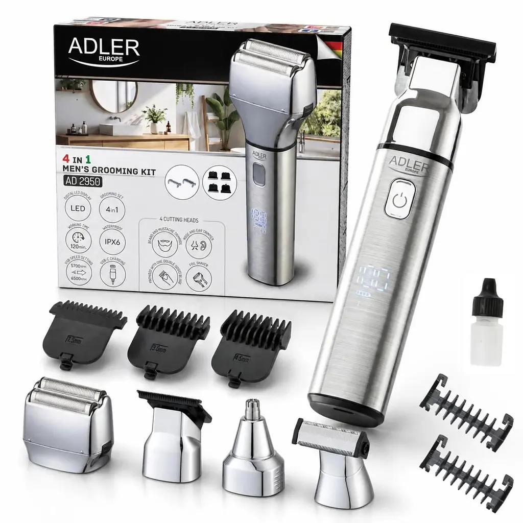 Тример для бороди, носа, вух та гоління Adler AD 2950, 4 в 1, водозахищений IPX6, із дисплеєм