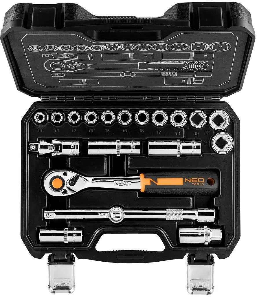 Neo Tools Набір інструментів, Набір торцевих головок, 20шт, 1/2", тріскачка 90 зубців, CrV, кейс - фото 2