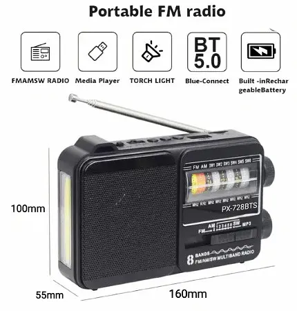 Радиоприемник PX-728BTS Bluetooth портативное радио MP3-плеер с солнечной панелью 18650 USB TF microSD Черный - фото 8