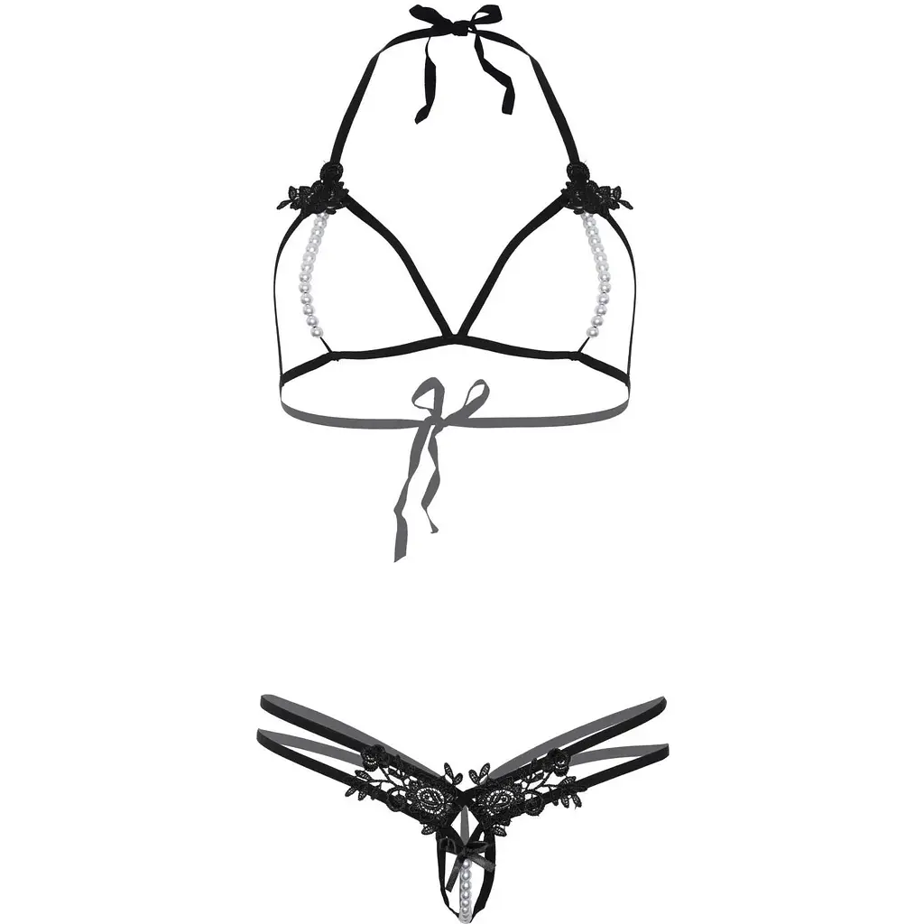 Leg Avenue Open cup bra and pearl panty OS Black - фото 9