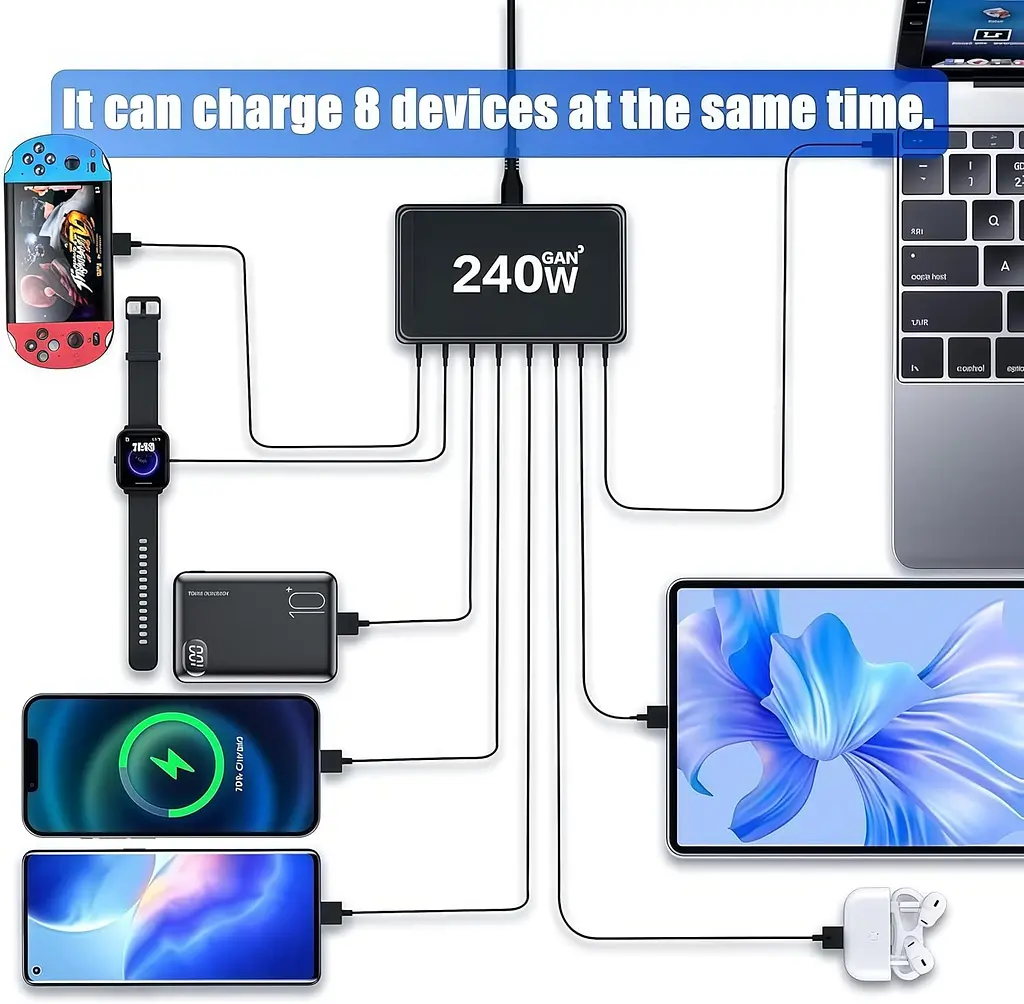 Мережева зарядна станція ILEPO 240W на 4 USB+4 Type-C мультизарядний пристрій потужний блок живлення Black (19338) - фото 7