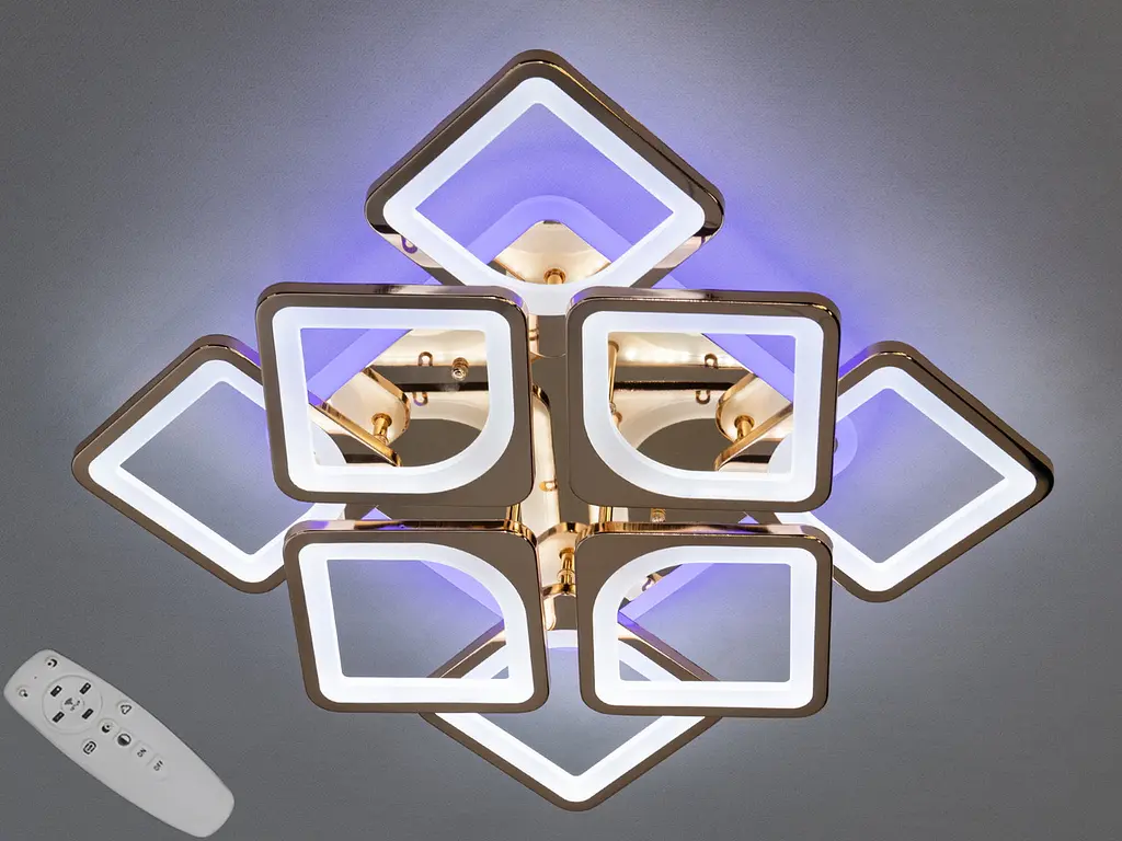 Стельова LED-люстра Diasha S8060/4+4G 3color з пультом і димером, золото, 130W, 7150 lm, квадратні акрилові плафони 49x49 см - фото 2