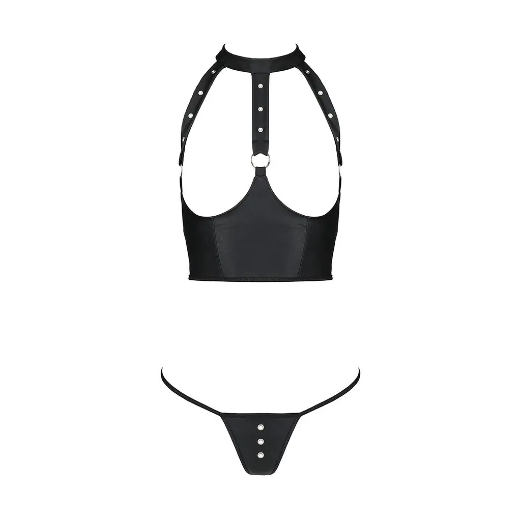 Комплект білизни з відкритими грудьми Passion GENEVIA SET WITH OPEN BRA S/M black, корсет, стрінги - фото 3