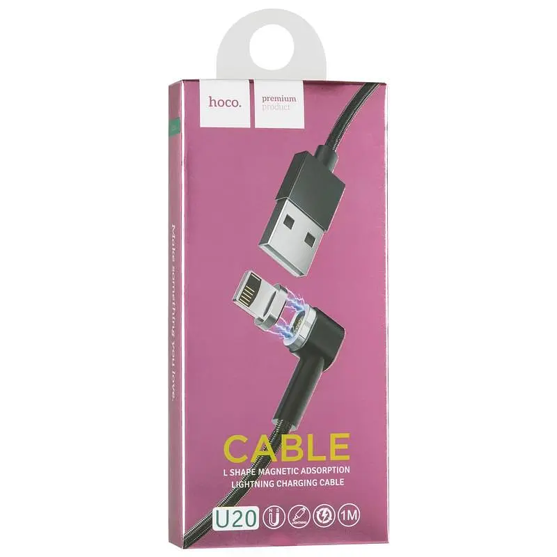 USB Cable Hoco U20 Magnetic Absorption iPhone 6 (L Shape) Black 1m - фото 2